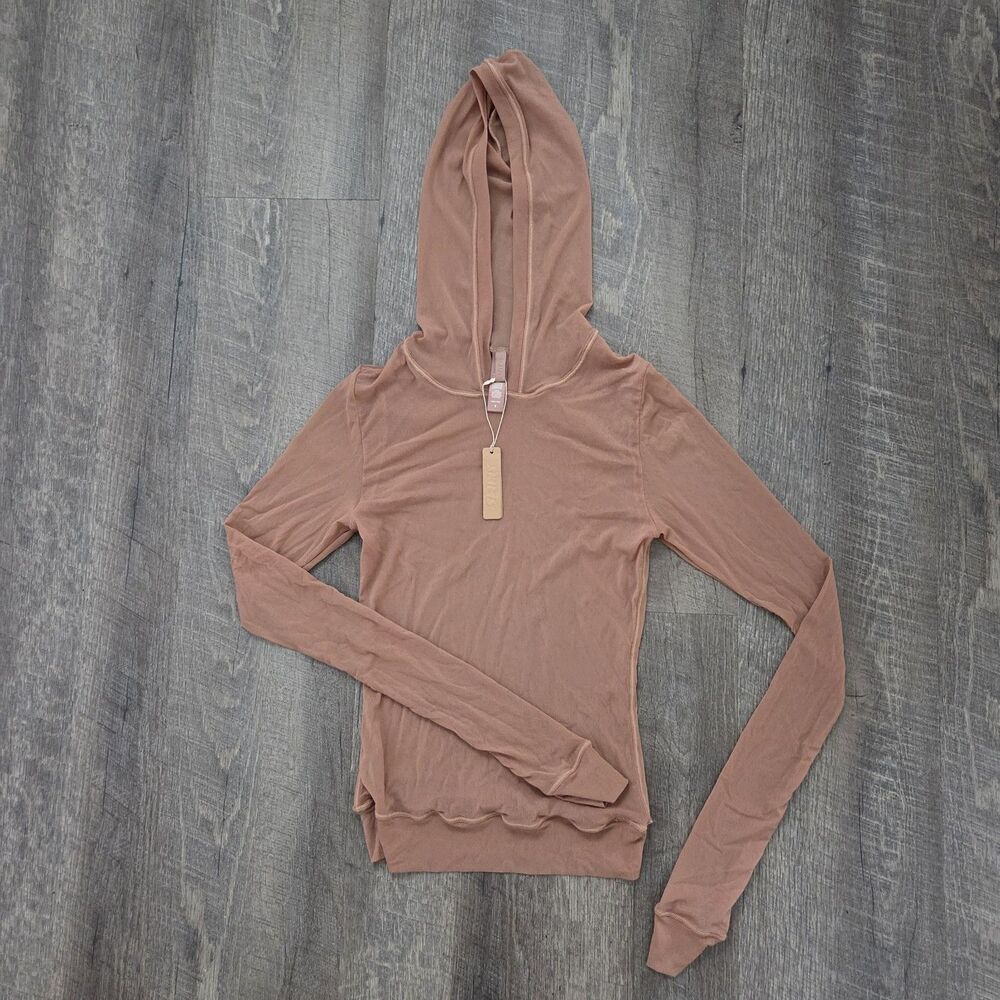 NWT SKIMS Sheer Long Sleeve Hoodie Size Small Nude Brown Second Skin Mesh Sheer